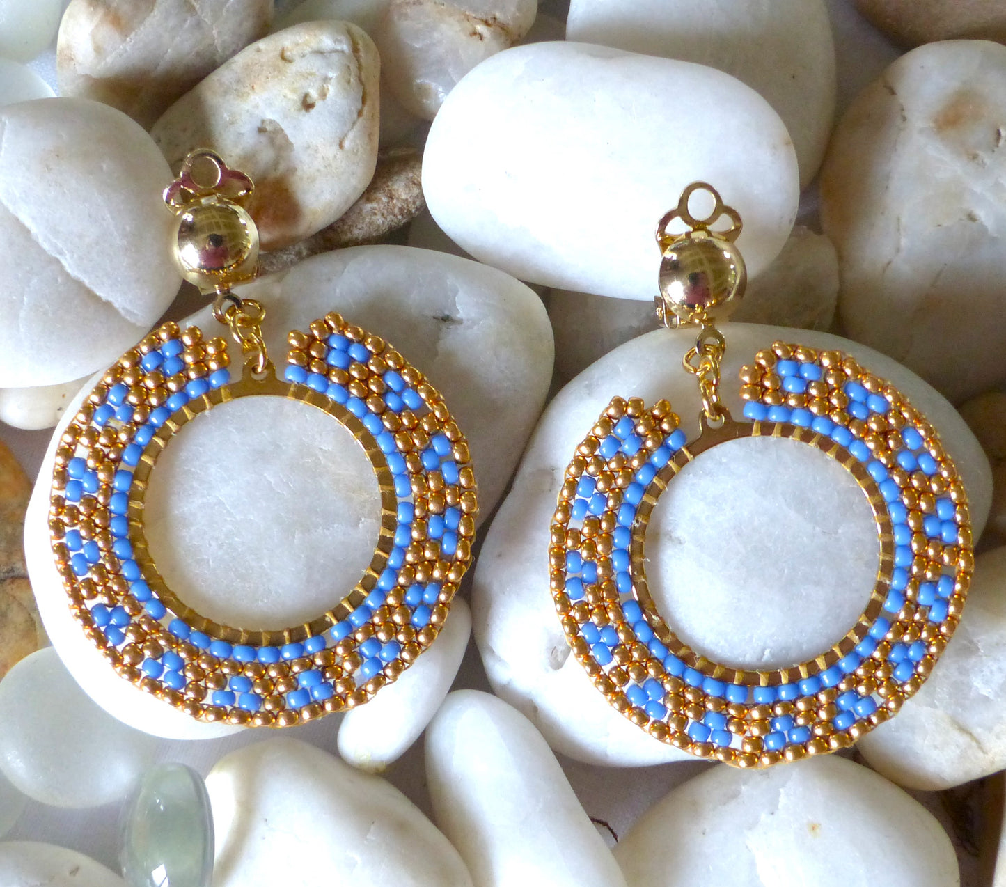 Boucles d'oreilles Soleil bleues et dorées