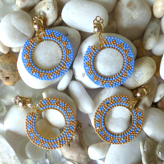 Boucles d'oreilles Soleil bleues et dorées