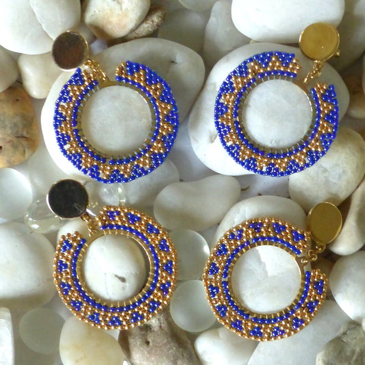 Boucles d'oreilles Soleil bleu cobalt et dorées